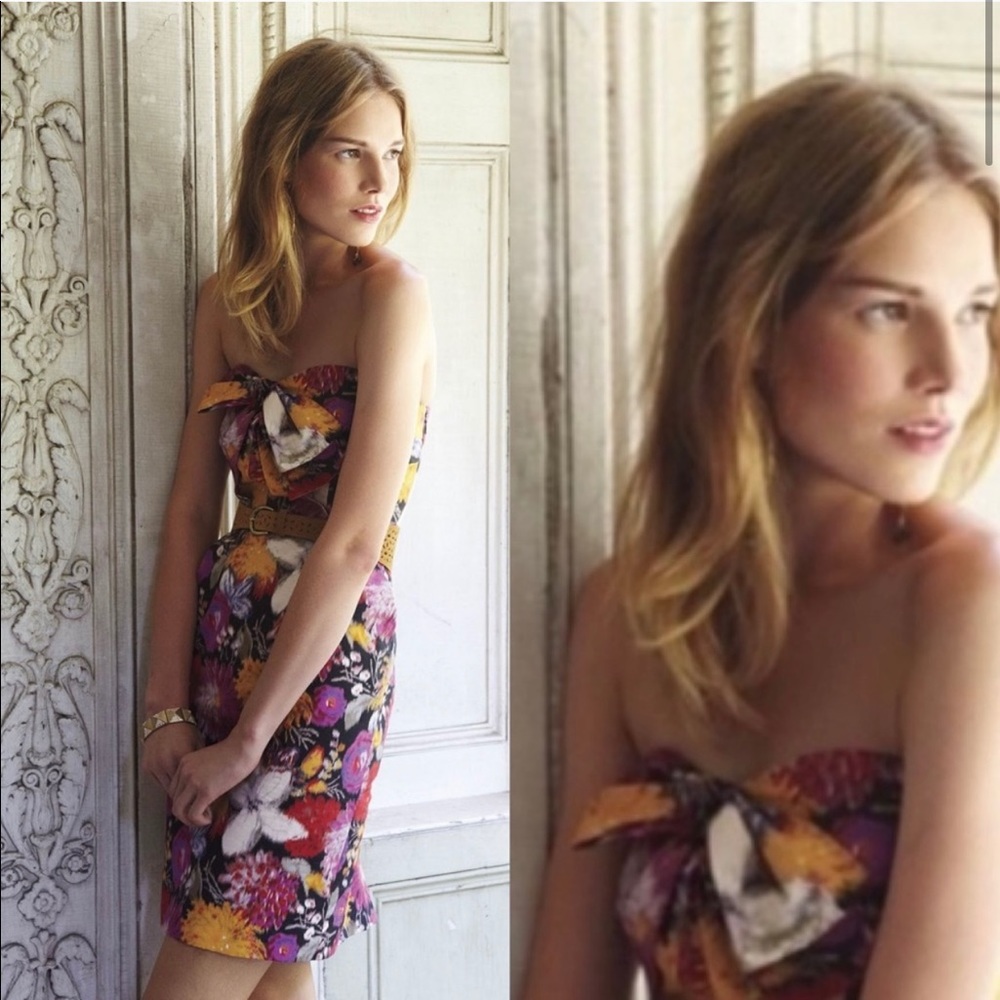 Anthropologie Floral Bow Strapless Dress Size 4